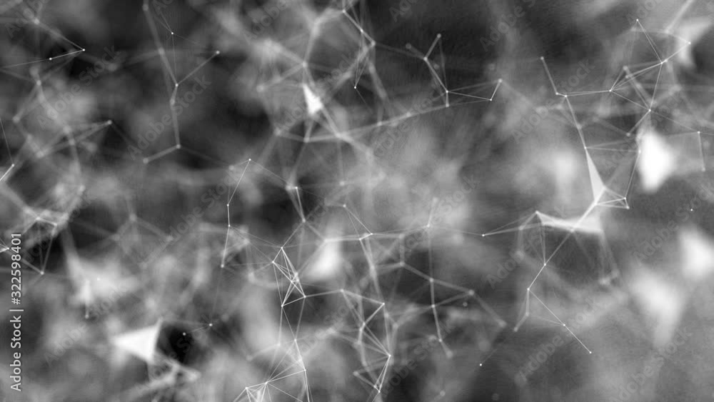 Poster white connecting particles fly slowly on a black background. animated abstract background. 3d render