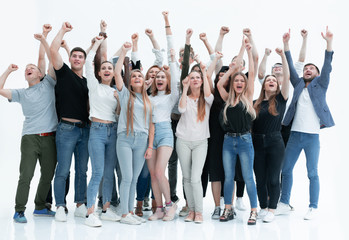Fototapeta premium happy group of young people with hands up