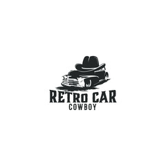 Retro car cowboy classic muscle car logo design template 