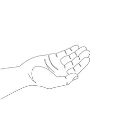 Hand with palm up expressing a request, a prayer, gratitude one line drawing on white isolated background. Vector illustration 