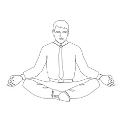 Businessman meditating in lotus position one line drawing on white isolated background. Office worker doing yoga in a business suit. Vector illustration