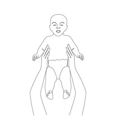 Hands hold baby one line drawing on white isolated background. Vector illustration 
