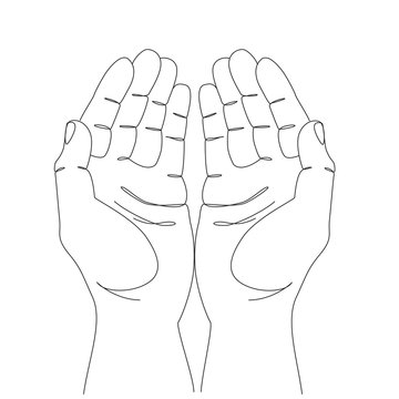 Hands with palms up expressing a request, a prayer, gratitude one line drawing on white isolated background. Vector illustration 