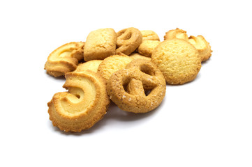 Variety Christmas Danish style butter cookies biscuit isolated on white background . Snack for Season's greetings.