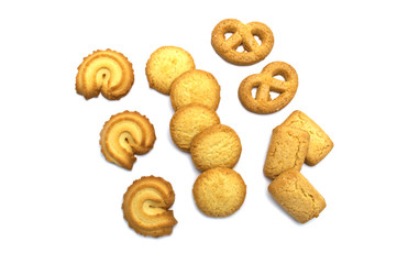 Variety Christmas Danish style butter cookies biscuit isolated on white background . Snack for Season's greetings.