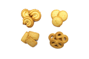Variety Christmas Danish style butter cookies biscuit isolated on white background . Snack for Season's greetings.
