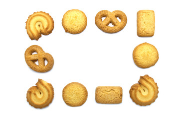 Variety Christmas Danish style butter cookies biscuit isolated on white background . Snack for Season's greetings.