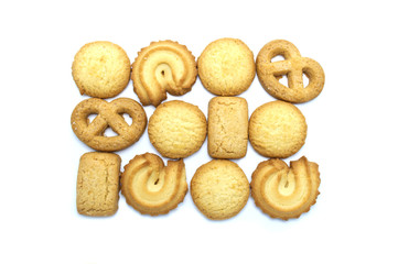 Variety Christmas Danish style butter cookies biscuit isolated on white background . Snack for Season's greetings.