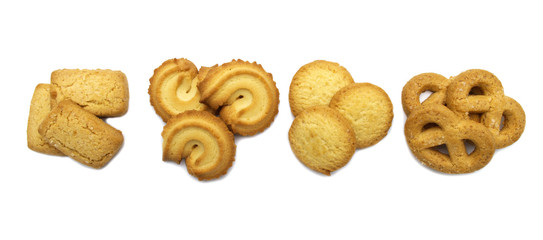 Variety Christmas Danish style butter cookies biscuit isolated on white background . Snack for Season's greetings.