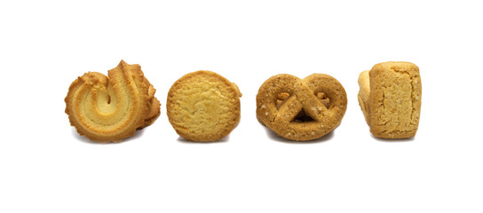 Variety Christmas Danish style butter cookies biscuit isolated on white background . Snack for Season's greetings.