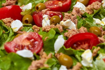 Salad with lettuce, tuna, tomato, olives and cheese spread