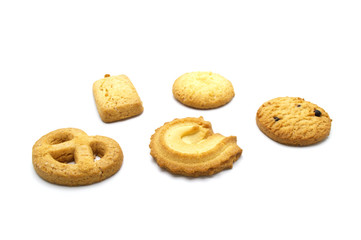 Variety Danish style butter cookies biscuit isolated on white background . Snack for Season's greetings.