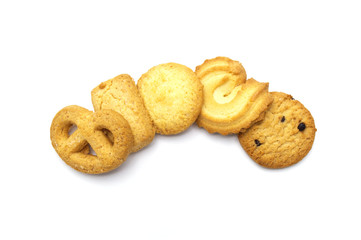 Variety Danish style butter cookies biscuit isolated on white background . Snack for Season's greetings.
