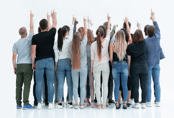 Fototapeta premium group of diverse young people pointing at blank screen.