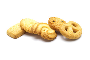 Variety Danish style butter cookies biscuit isolated on white background . Snack for Season's greetings.