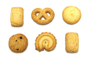 Variety Danish style butter cookies biscuit isolated on white background . Snack for Season's greetings.