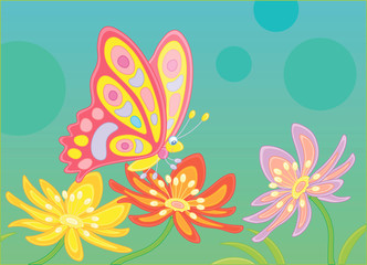 Beautiful ornate butterfly sitting on a bright and colorful flower in a summer garden, vector cartoon illustration