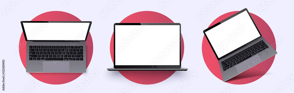 Poster Laptop frame less blank screen. Realistic laptop in different positions, angle. Mockup generic device.  Telephone frame with blank display isolated. Realistic simple isolated 3d vector set. Mobile