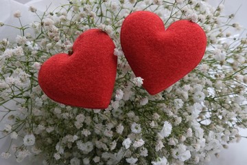 Two fabric red hearts shape place on white gypsophila flowers