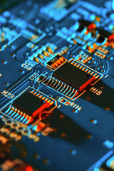 Electronic circuit board close up with processor.