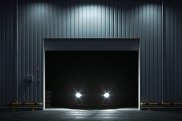 Car with luminous headlights stands at night in garage. 3d render