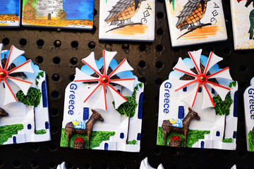 Magnetic souvenirs in a shop from Thessaloniki, Greece, Europe.