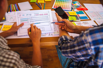 The web designer team is helping to design applications for mobile phones. UX UI designer concept
