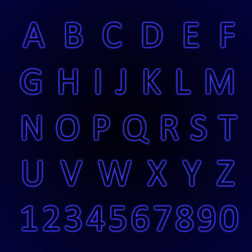 Glowing neon alphabet with letters from A to Z and numbers from 1 to 0. Trend color 2020 -  blue.