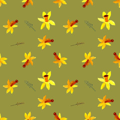 Seamless pattern with narcissus and herbs watercolor illustration on green background