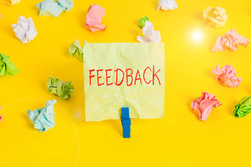 Writing note showing Feedback. Business concept for information about reactions to product...