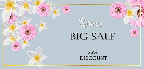 Big spring sale. Horizontal banner with flowers. Special offer. A discount..