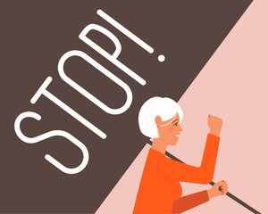 Woman with a stop poster. Demonstration, protest. Horizontal banner with place for text. Vector illustration flat.