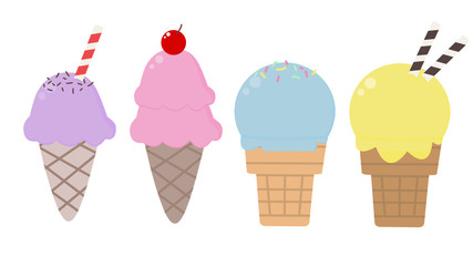 Ice-cream with topping set of colorful icon on white background. Flavor of strawberry, vanilla, mint and blueberry in cone. Vector illustration in flat design.