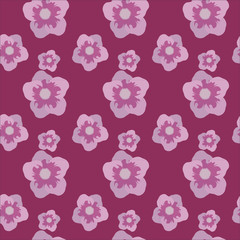 Flat seamless floral pattern in vector. Spring pink flowers isolated on purple background