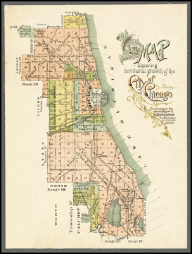 Map showing territorial growth of the city of Chicago date 1896, a restored reproduction