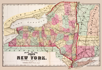 New York old map with counties restored reporduction of 1874 map. 