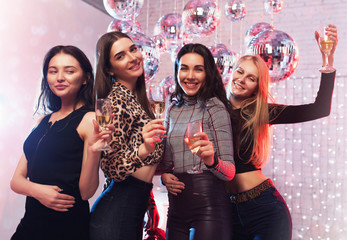 Women's day, celebration, friends, bachelorette party, disco, birthday concept - happy girls with...