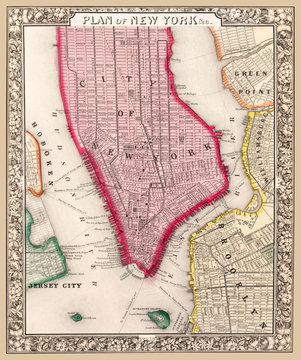 Restored Reproduction of a map on New York City, produced in 1863, showing ferry routes before bridges were built