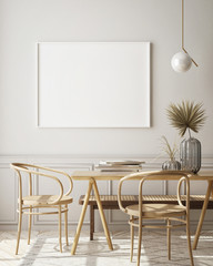 mock up poster frame in modern interior background, dinning room, Scandinavian style, 3D render, 3D illustration