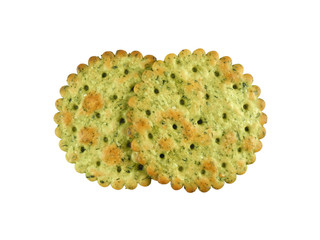 Round crispy cracker with herbs, two pieces closeup isolated on white background