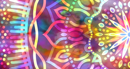 Abstract mandala graphic design and watercolor digital art painting for ancient geometric concept background