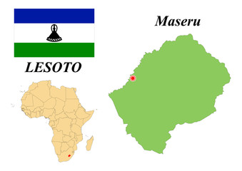 Kingdom of Lesotho. Capital of Maseru. Flag of Lesotho. Map of the continent of Africa with country borders. Vector graphics.