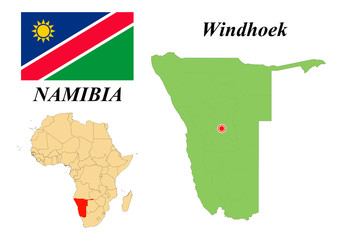 Republic of Namibia. Capital of Windhoek. Flag of Namibia. Map of the continent of Africa with country borders. Vector graphics.