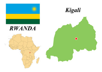 Obraz premium Republic of Rwanda. Capital of Kigali. Flag of Rwanda. Map of the continent of Africa with country borders. Vector graphics.