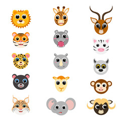 Fototapeta premium Funny cute african animal heads. Cartoon characters. Flat vector stock illustration on white background.