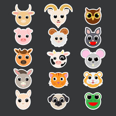 Stickers of cute domestic heads. Cartoon characters. Flat vector stock illustration.