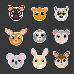 Funny cute animals head stickers. Cartoon characters. Flat vector stock illustration.