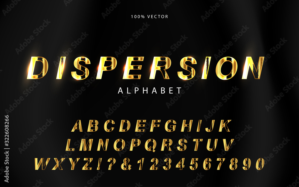 Poster luxury golden alphabet and number with dispersion effect. elegant font vector design style for use h