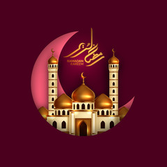 golden dome mosque building concept with moon crescent and ramadan kareem calligraphy with purple red background. Holy month for islamic event.