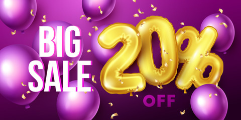 Big sale background with gold and purple floating balloons. Vector illustration.